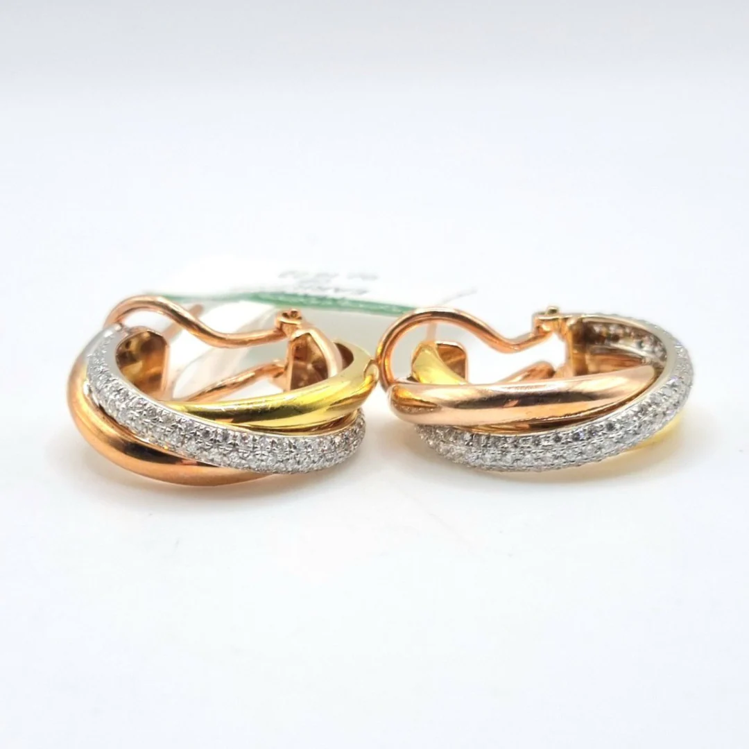 1.20 CT Tricolor Intertwined Hoop Diamond Earrings 18K Gold - Image 2