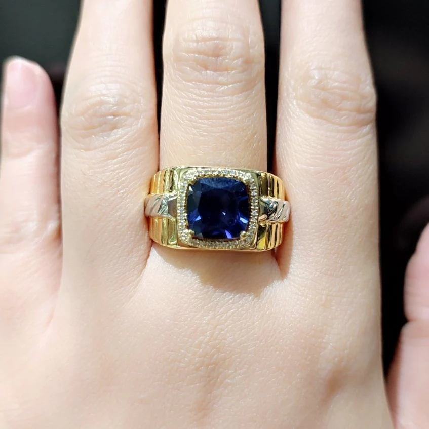 2 CT Blue Sapphire Cushion Diamond Men’s Ring - Image 2