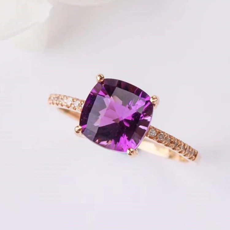 7mm Cushion Amethyst Engagement Ring/Women's Ring with Side Diamonds - Image 2