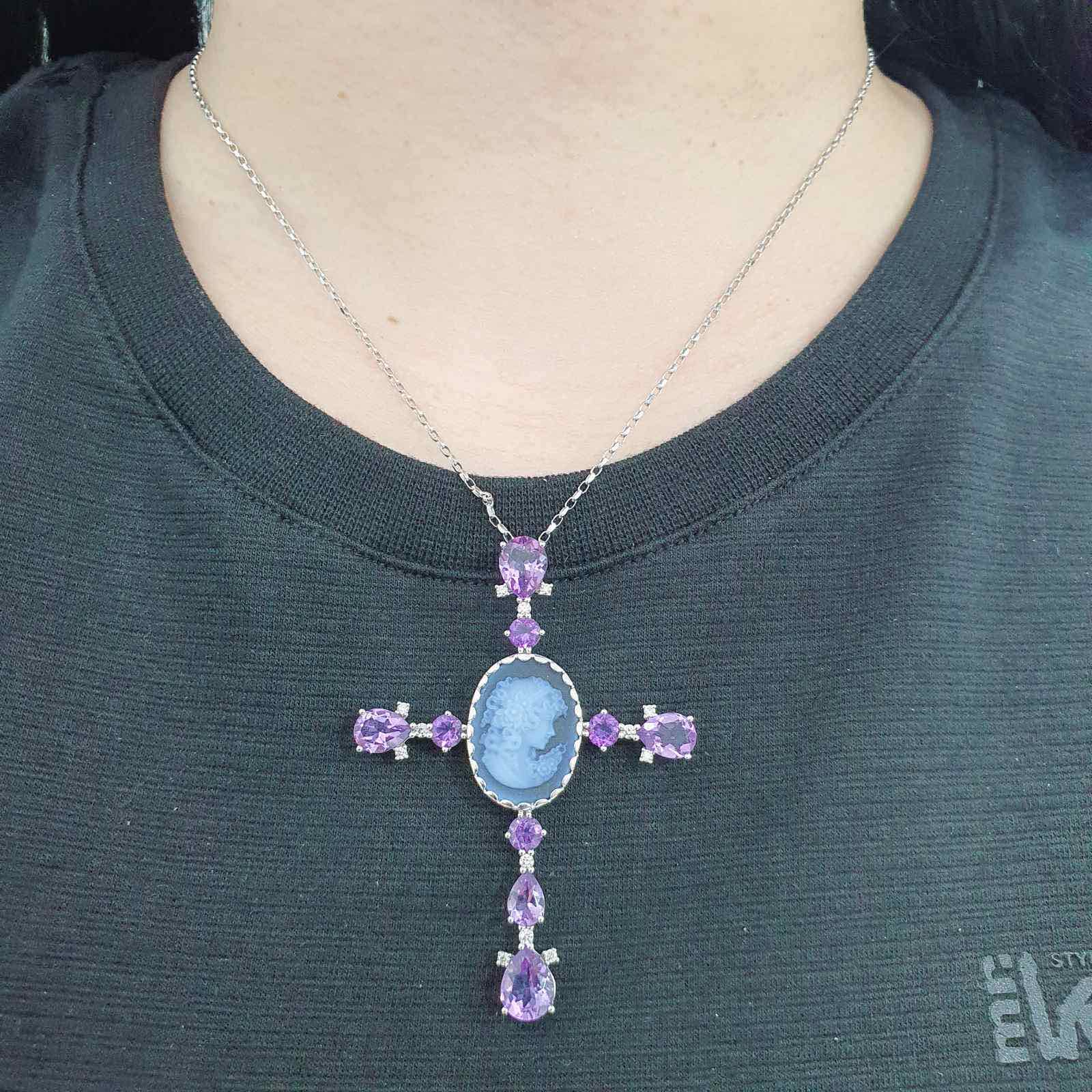 Amethyst Cameo Diamond Cross Pendant - Image 2