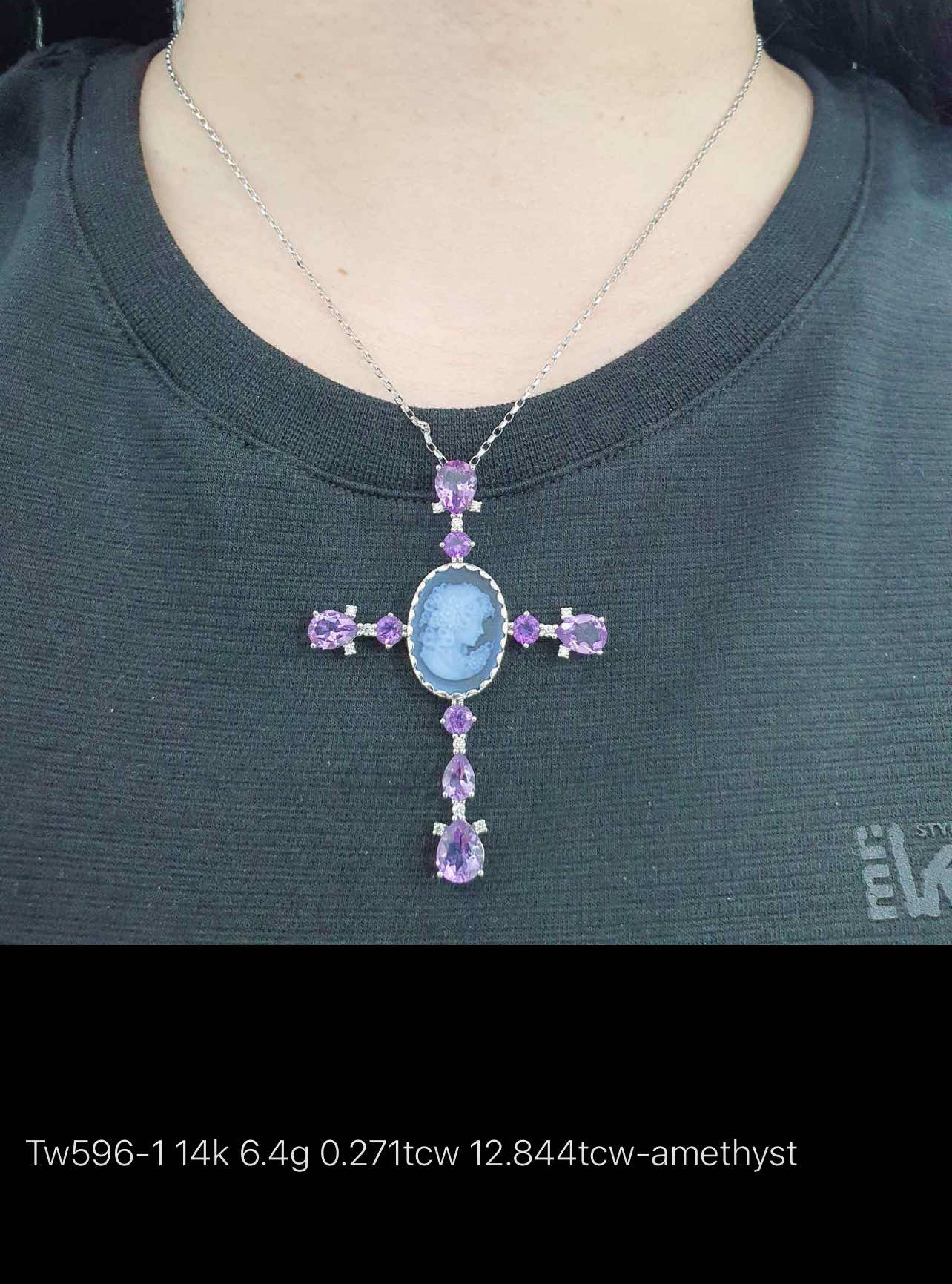 Amethyst Cameo Diamond Cross Pendant - Image 3