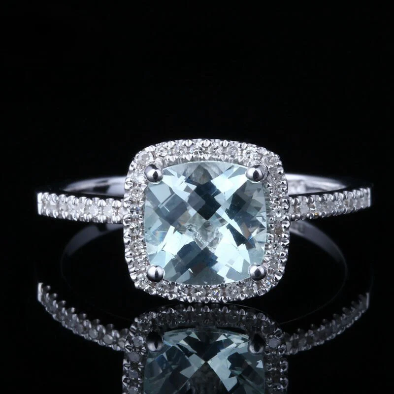 Aquamarine Diamond Halo Engagement Ring 14K White Gold - Image 3