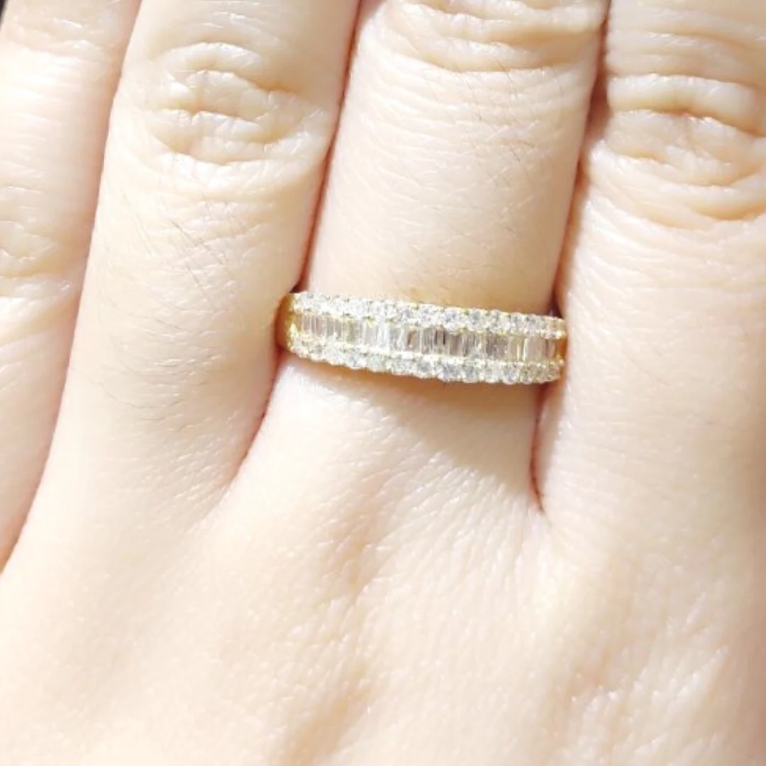 Baguette with Round Sides Half Eternity Diamond Ring, Wedding Band for Women 18K Yellow Gold - Image 3