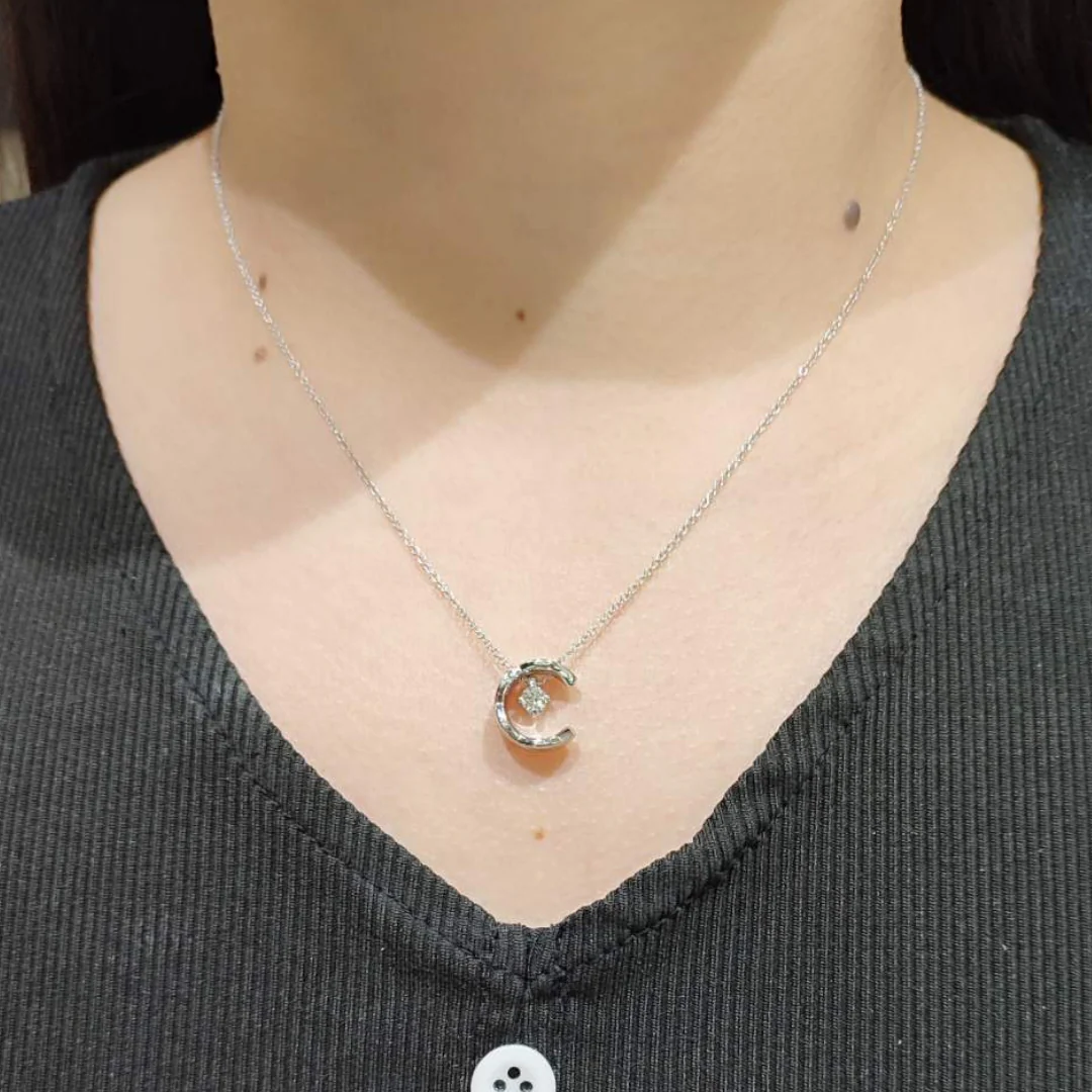 Crescent Moon Diamond Necklace 14K White/Yellow/Rose Gold - Image 2