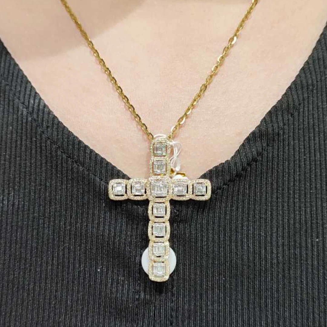 Cross Diamond Pendant Princess Halo 14K White/Yellow Gold - Image 2