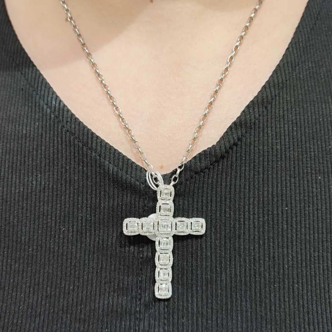 Cross Diamond Pendant Princess Halo 14K White/Yellow Gold - Image 3