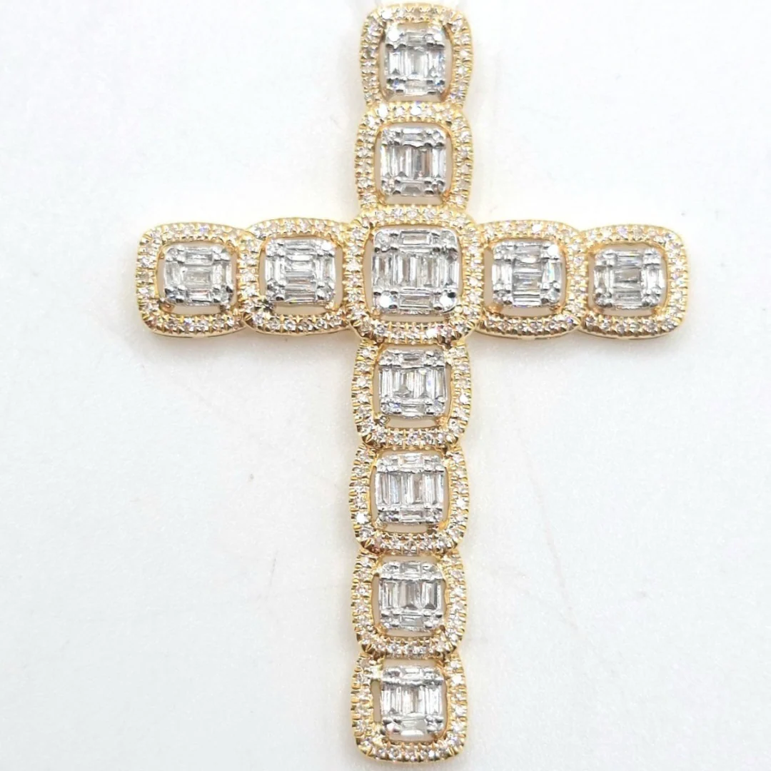 Cross Diamond Pendant Princess Halo 14K White/Yellow Gold - Image 4