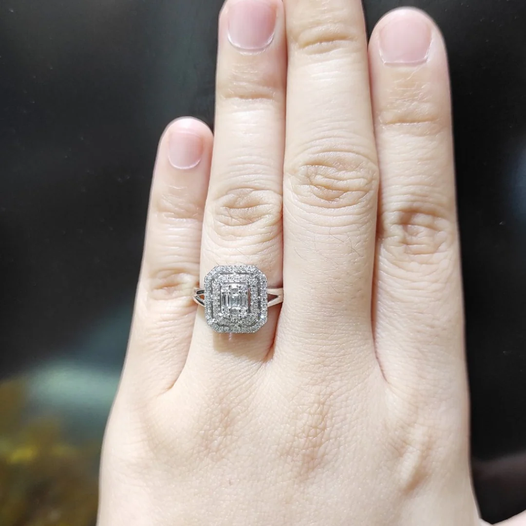 Emerald Cut Illusion Diamond Engagement Ring 14K White Gold - Image 3