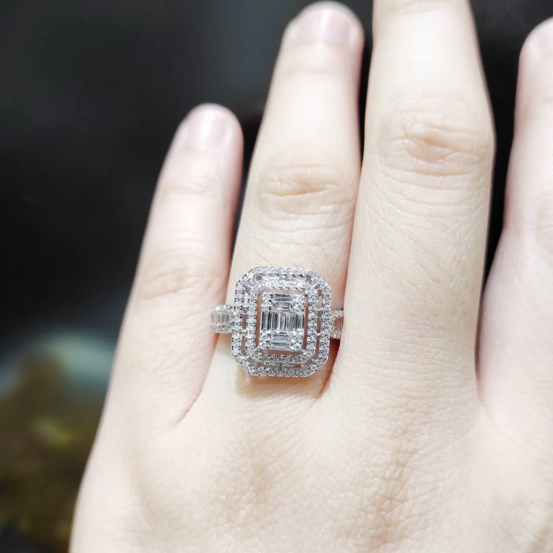 Emerald Cut Illusion Diamond Paved Engagement Ring 14K White Gold - Image 3