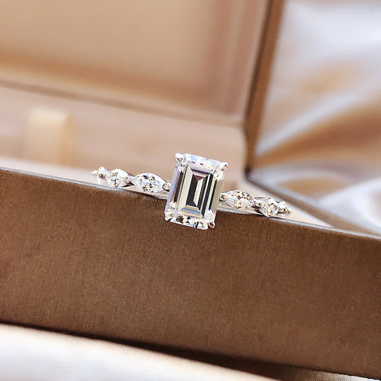 Emerald Cut Moissanite Engagement Ring with Marquise Sides 18K Gold - Image 3