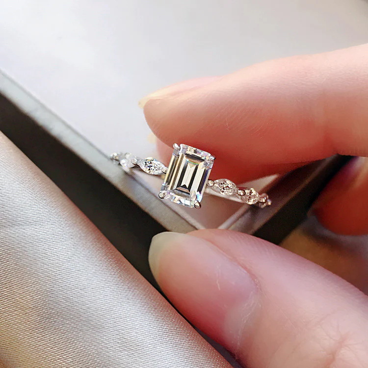 Emerald Cut Moissanite Engagement Ring with Marquise Sides 18K Gold - Image 4