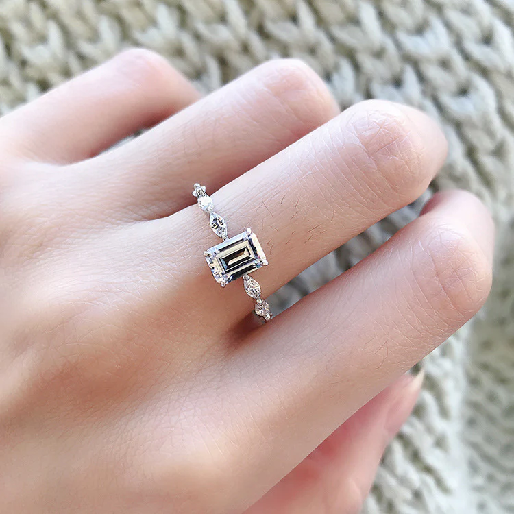 Emerald Cut Moissanite Engagement Ring with Marquise Sides 18K Gold - Image 5