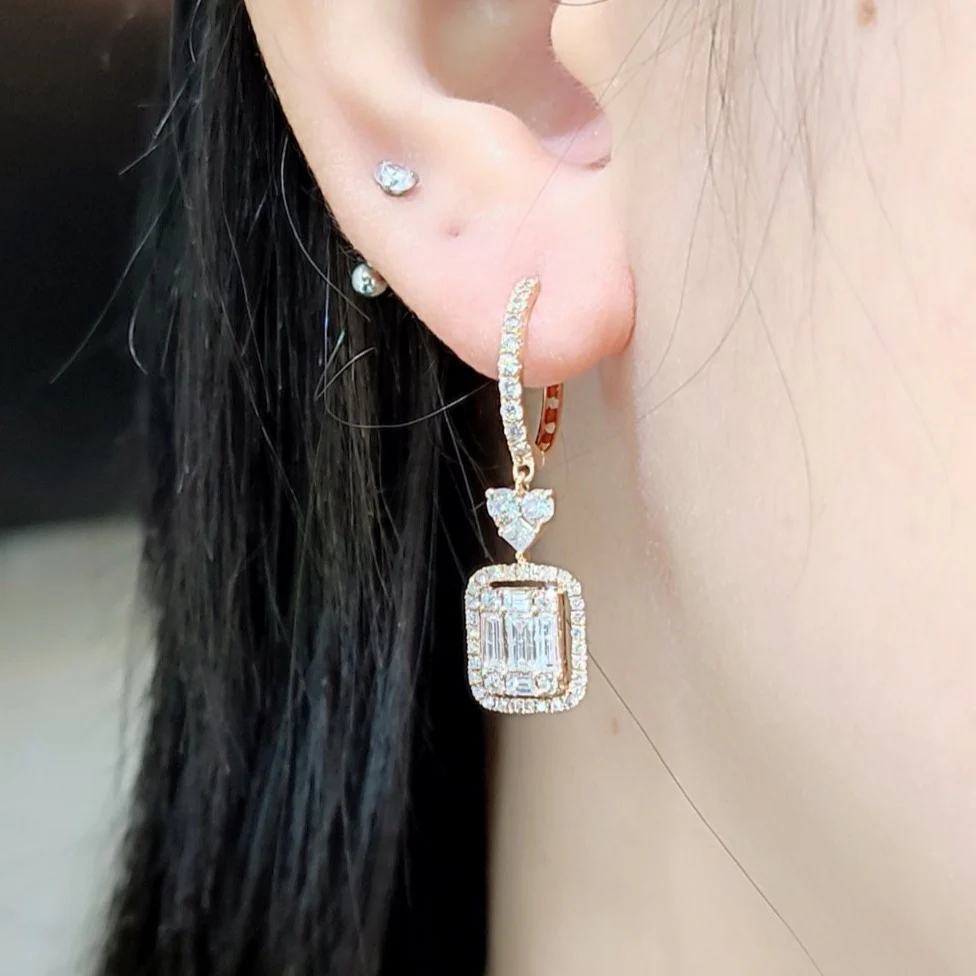 3 CT Emerald Dangling Diamond Earrings 18K Rosegold - Image 2