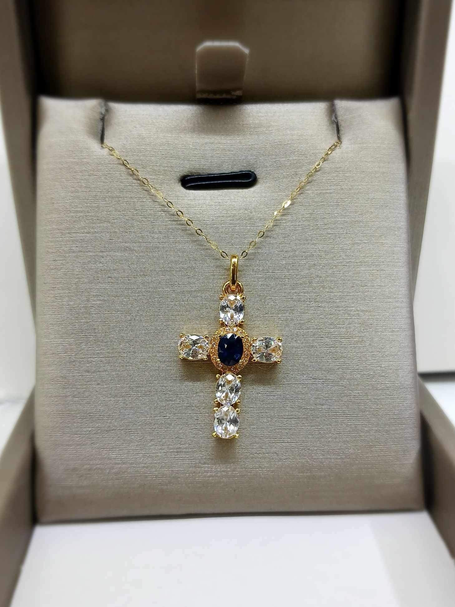 Blue Moissanite Cross Women’s Necklace 18K Gold - Image 2
