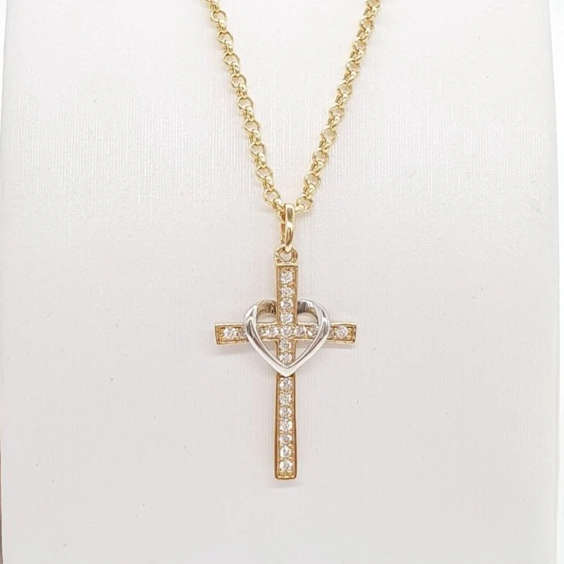 Heart Cross Necklace in Yellow Gold