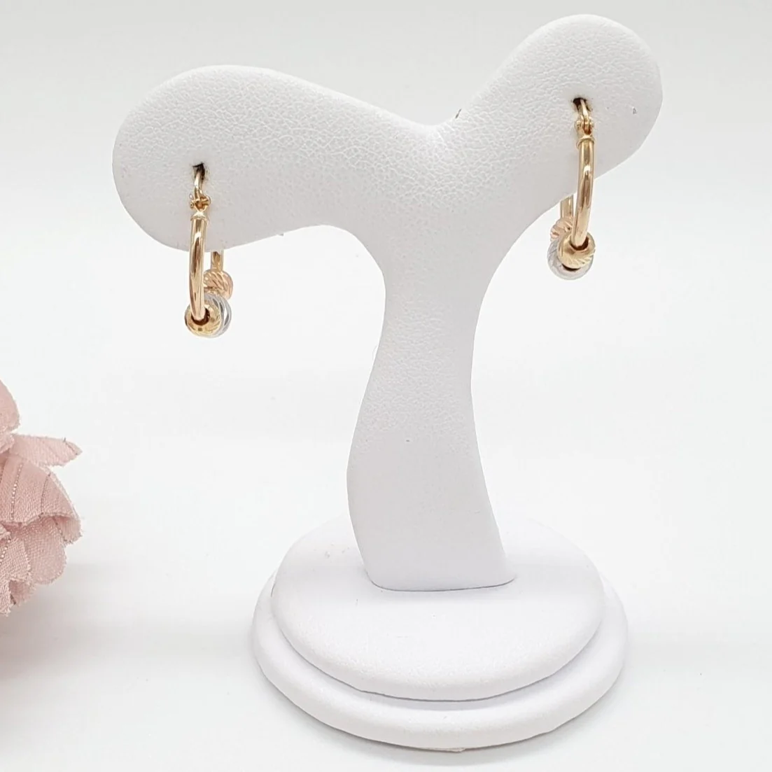 Hoop Earrings with Tricolor Balls 18K Gold - Image 2
