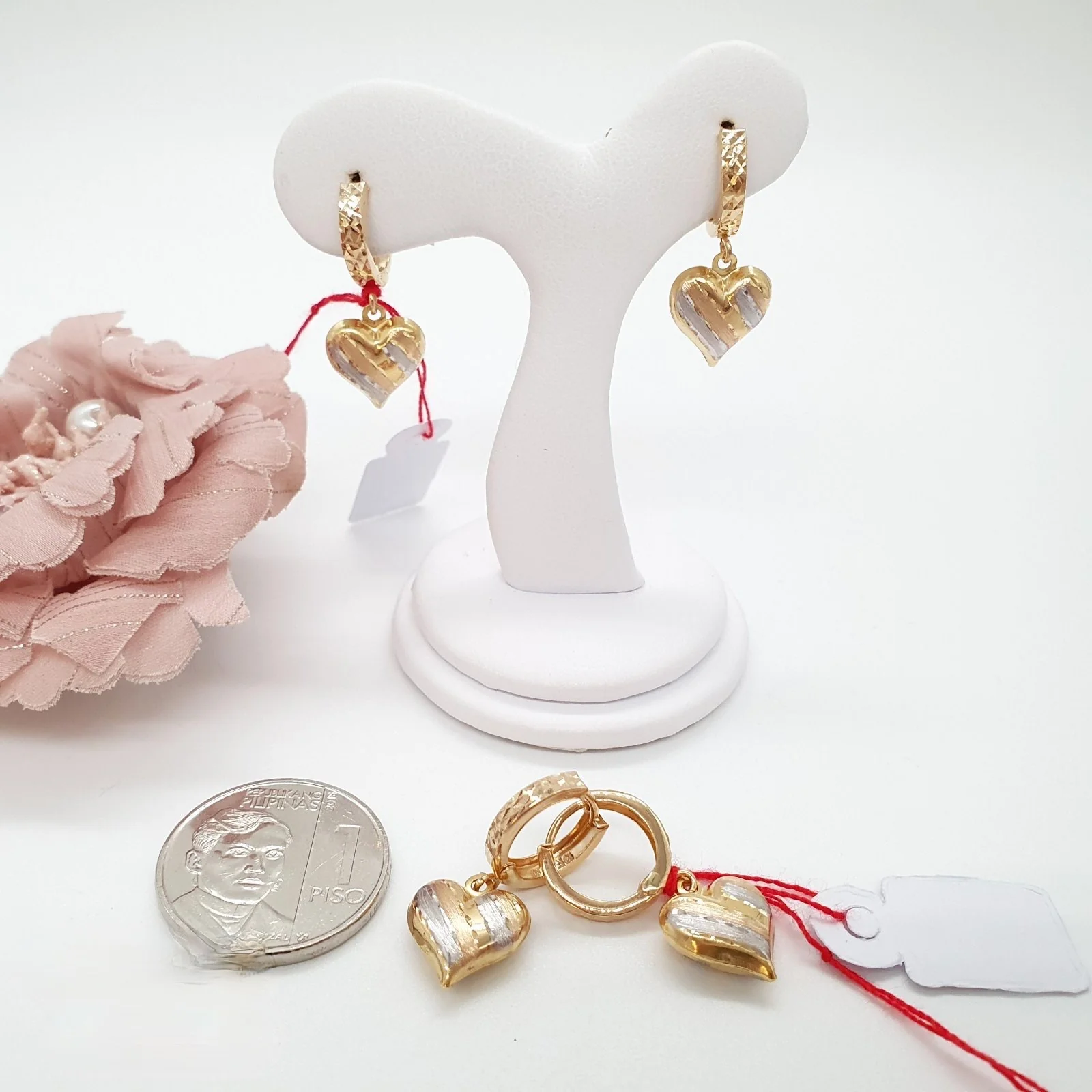 Dangling Tricolor Heart Earrings - Image 3