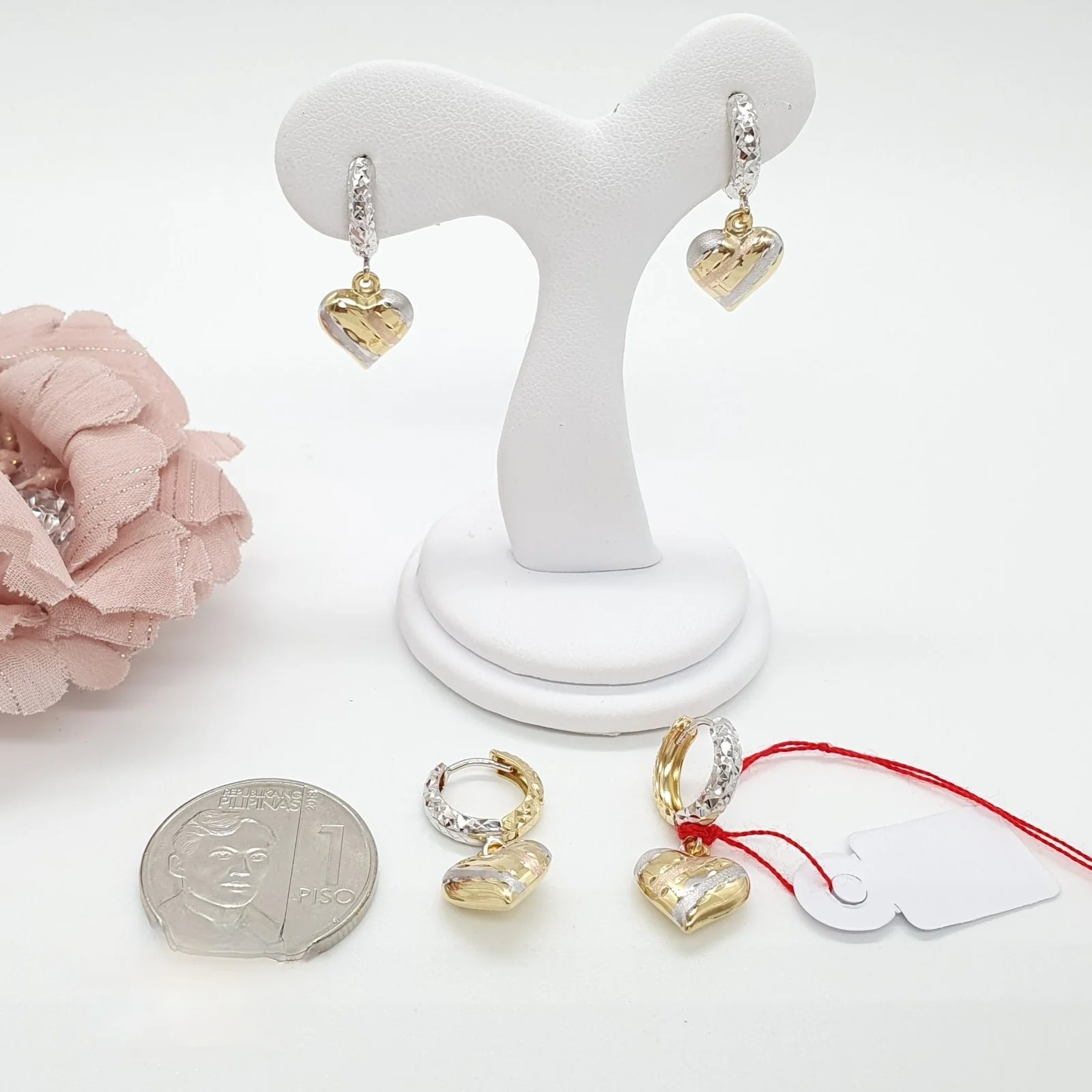 Dangling Heart White Huggies Earrings - Image 3