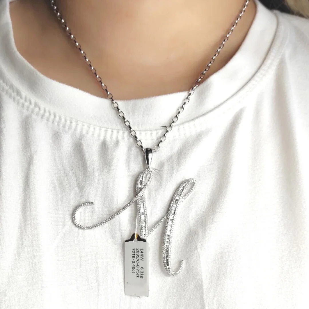 Letter M Diamond Pendant 14K White/Yellow Gold - Image 8