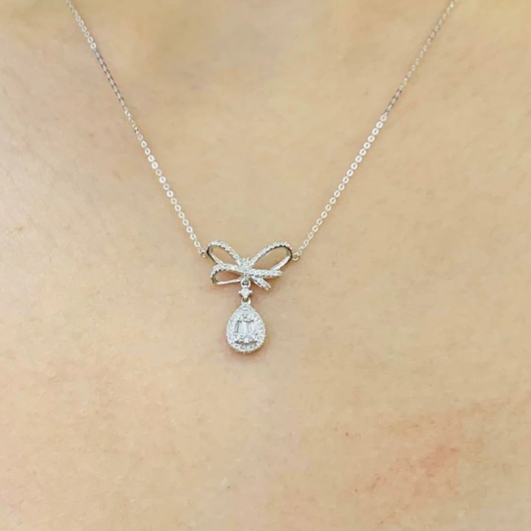 Luxury Bow Pear Diamond Drop Necklace 14K Gold - Image 4