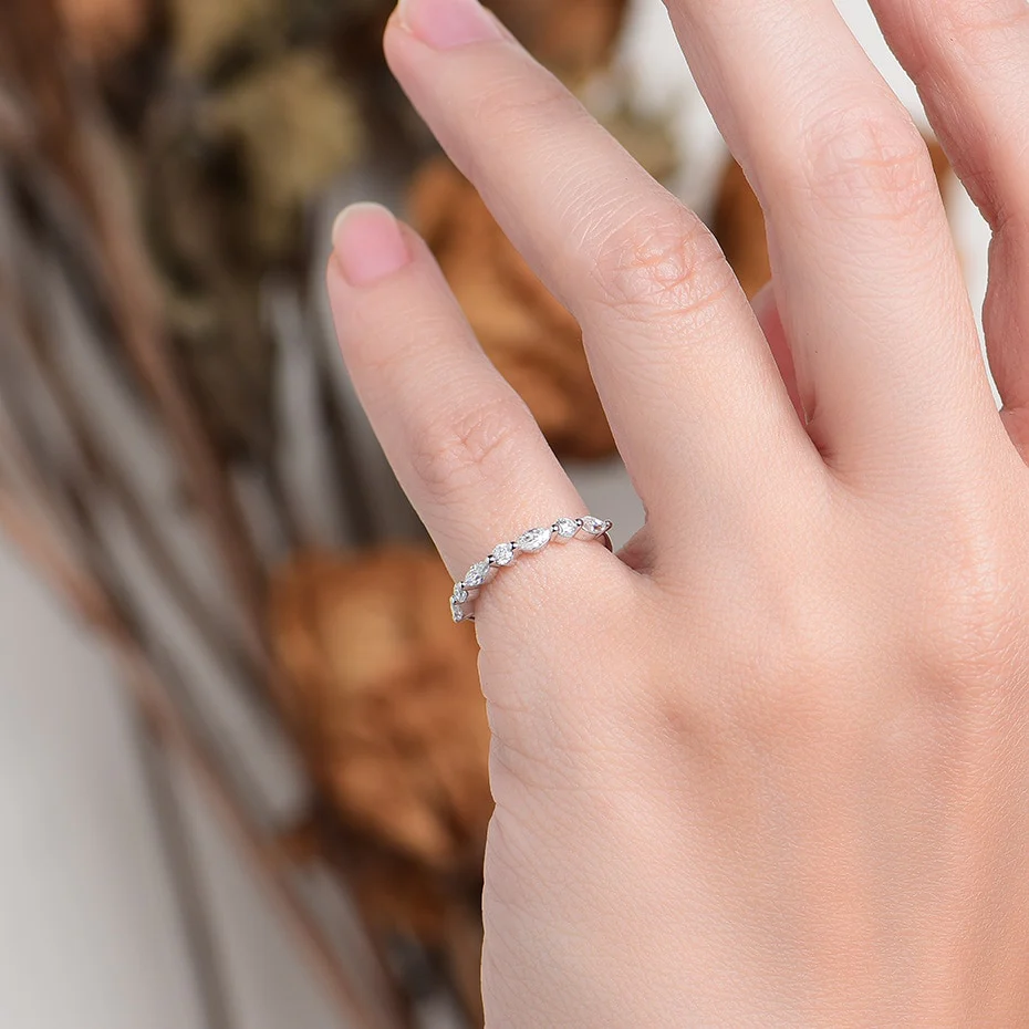 Marquise-Round Moissanite Half Eternity Wedding Ring  / Women's Stacking Ring - Image 9