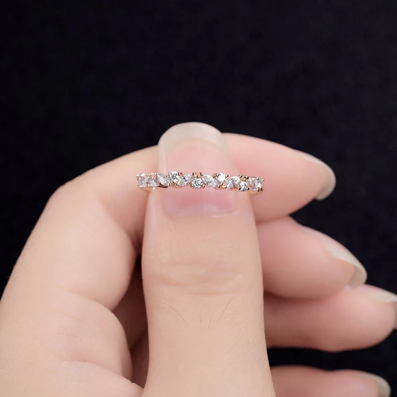 Moissanite Half Eternity Round and Marquise Cut 14K Wedding/Stacking Ring in Yellow Gold, White Gold, RoseGold Pre-Order 3-4 weeks - Image 4