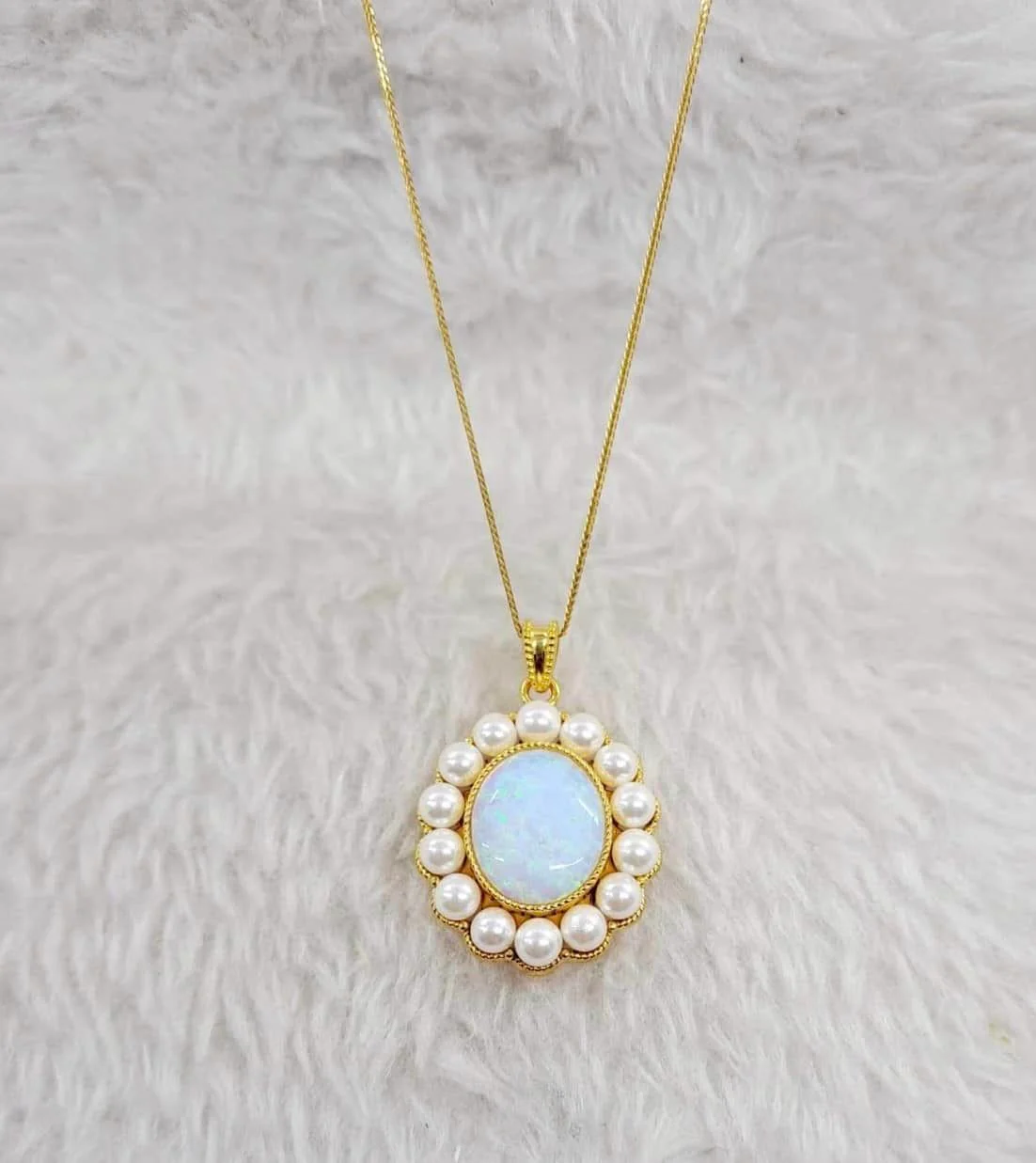 Opal Pearl Halo Pendant Necklace 18K - Image 4