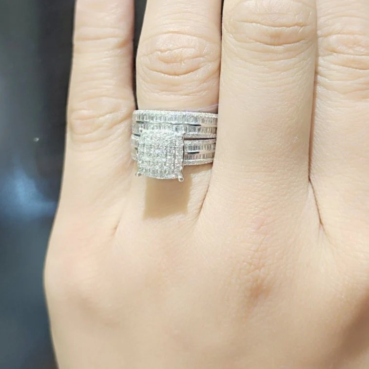 Princess Illusion Diamond Wedding Engagement Ring Bridal Set 14K Gold - Image 3