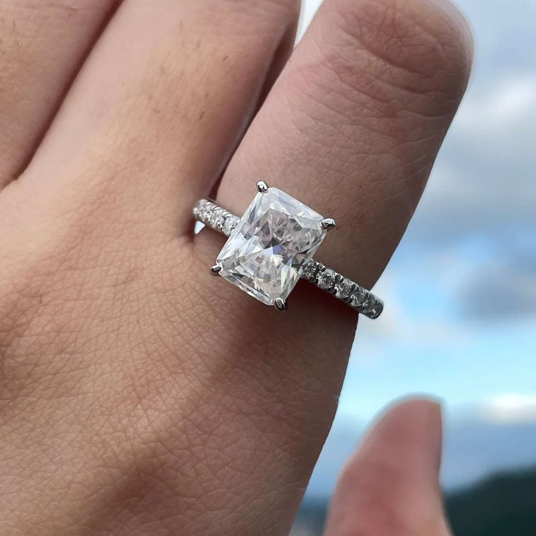 Radiant Cut Moissanite Engagement 925 Sterling Silver Ring - Image 7