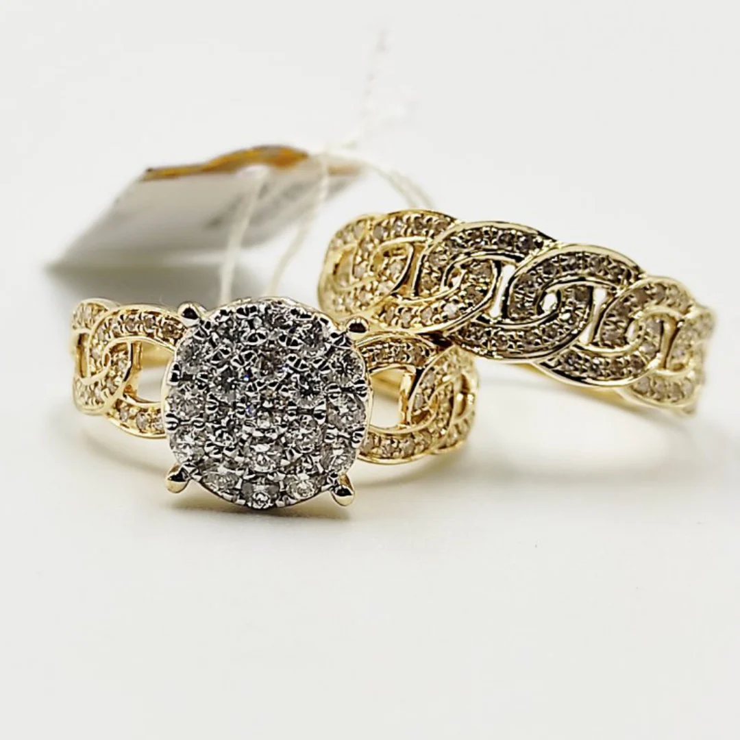 Round Diamond Engagement Ring and Chain Style Half Eternity Wedding Ring Bridal Set 14K Yellow Gold - Image 3