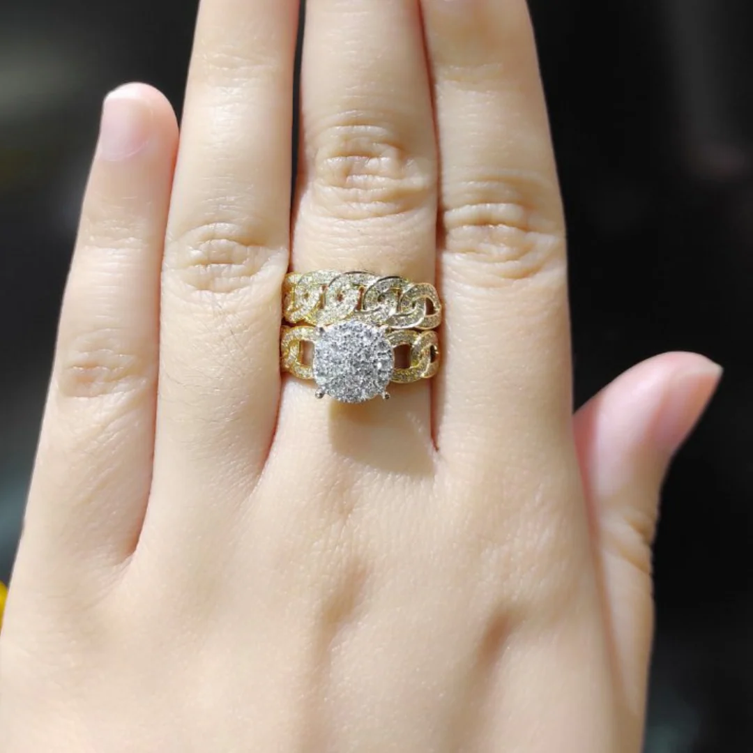 Round Diamond Engagement Ring and Chain Style Half Eternity Wedding Ring Bridal Set 14K Yellow Gold - Image 4