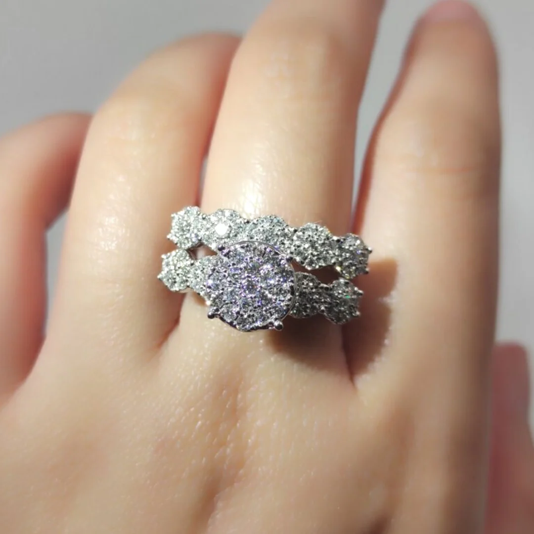 Round Illusion Diamond Engagement Ring and Round Illusion Half Eternity Wedding Ring Bridal Set 14K White Gold - Image 3