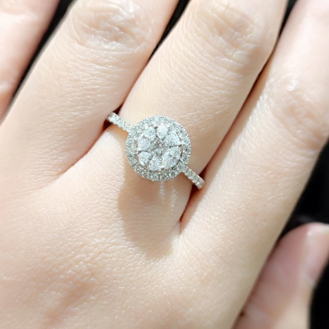 Round Illusion Halo Paved Diamond Engagement Ring 18K White Gold - Image 2